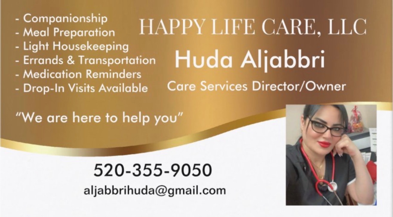 Happy Life Care business card – Huda Aljabbri, Care Services Director/Owner